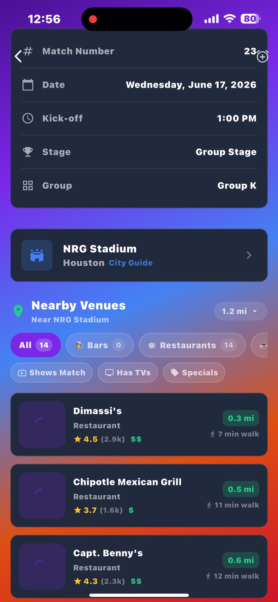 Match detail with stadium and nearby venues